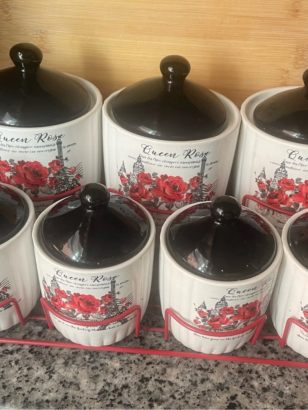 Ceramic  Canister Set with Red Rose Design 7-Piece